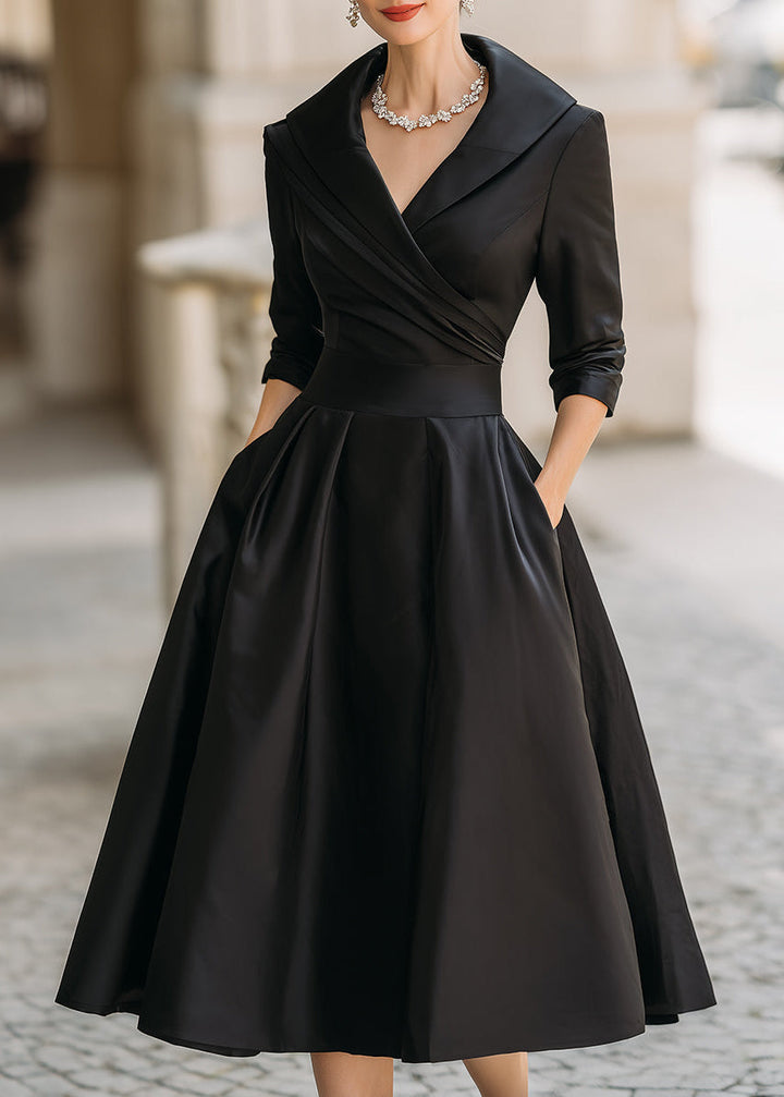 Lustrous women's midi dress with elegant draped collar, A-line silhouette, and practical pockets.
