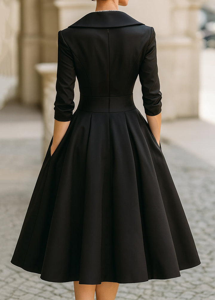 Chic women's long sleeve midi dress with a shimmering finish, unique draped collar, and pockets.