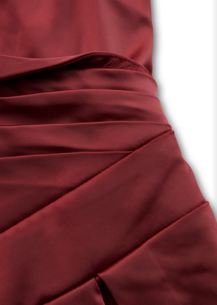 Formal women's midi dress: silky fabric, stylish draped collar, flattering A-line silhouette, with pockets.