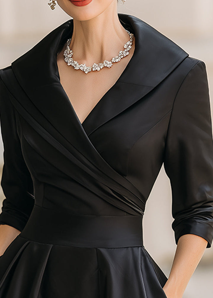High-shine women's formal midi dress with an elegant cowl neck, long sleeves, and practical pockets.