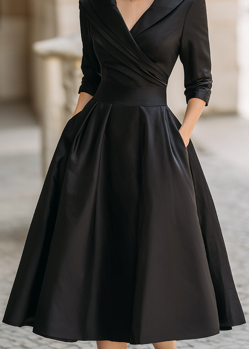 Women's A-line midi dress, lustrous fabric, graceful draped collar, perfect for evening wear, with pockets.