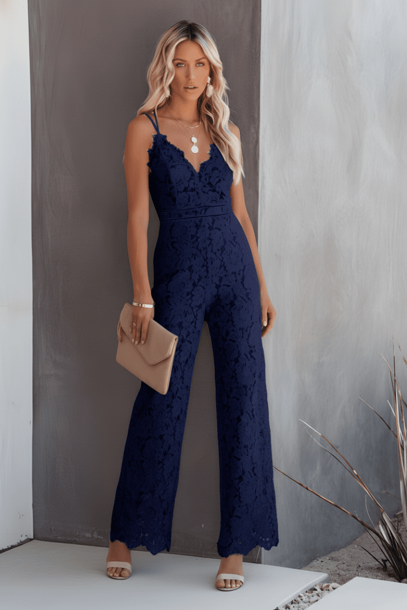 Women's luxe wide leg jumpsuit for elegant evenings. Chic formal wear for special occasions.