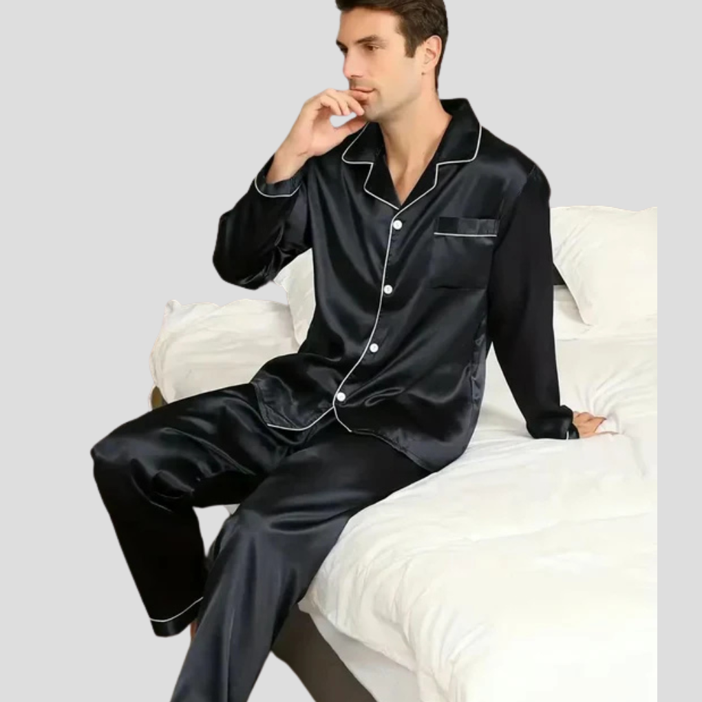 Luxurious men's satin-silk pajama set, perfect for comfortable sleepwear & loungewear. Ideal men's gift.