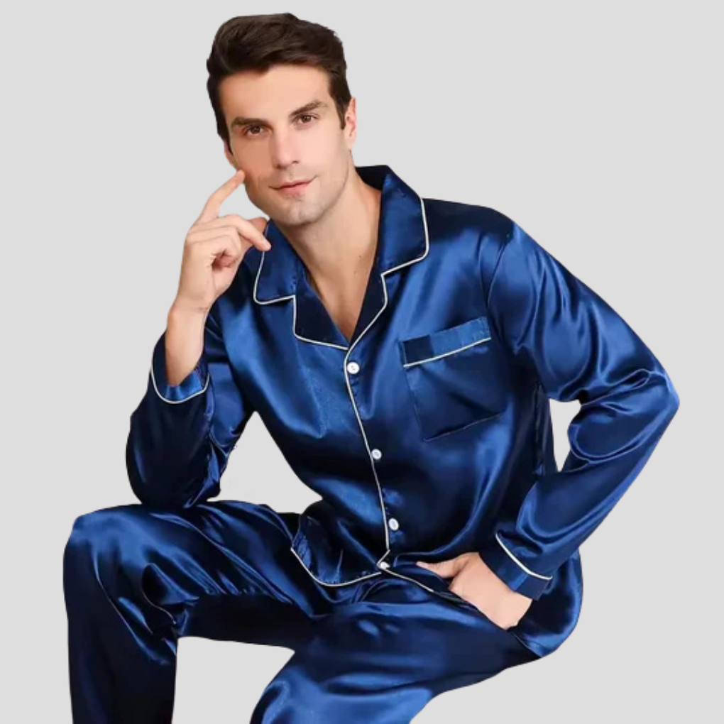 Elegant men's two-piece satin-silk pajama set for luxurious sleepwear. Soft & comfortable men's loungewear.
