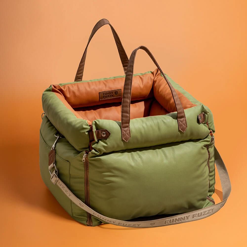 Luxury faux leather dog car seat with safety belt for small to medium dogs.