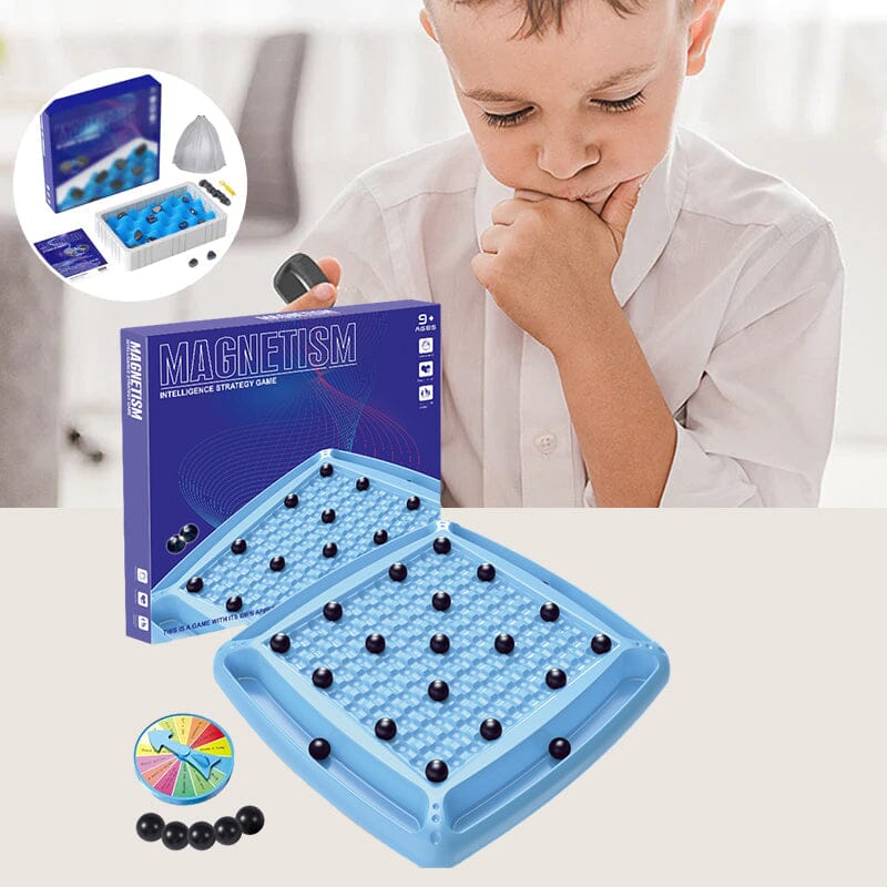 Family gathered around a table, enjoying the interactive Magnetic Attraction Chess game for quality time.