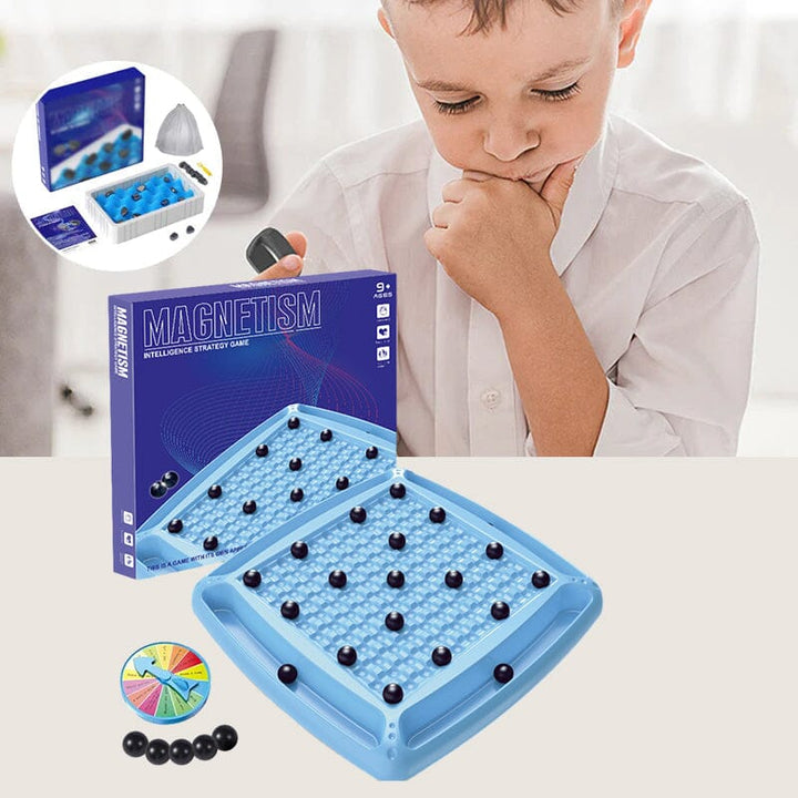 Family gathered around a table, enjoying the interactive Magnetic Attraction Chess game for quality time.