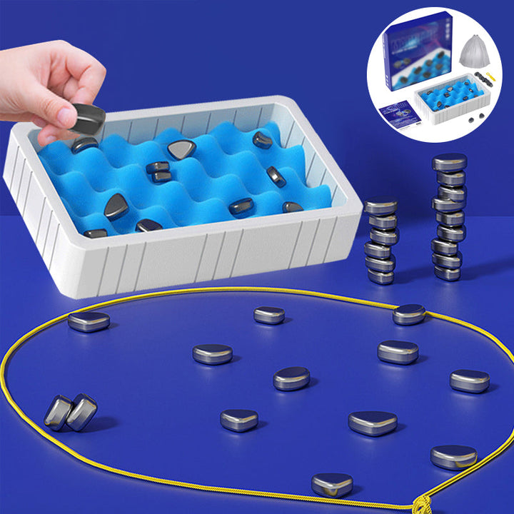 Overhead shot of a magnetic chess board with all pieces set up, ready for strategic gameplay.