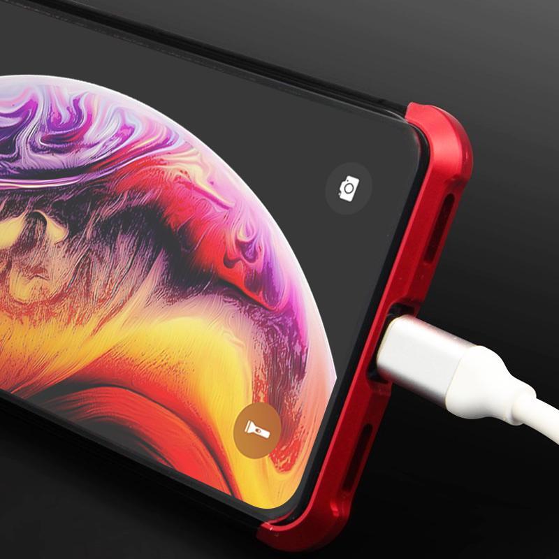 Collection of magnetic tempered glass phone cases in various colors, showcasing full protection