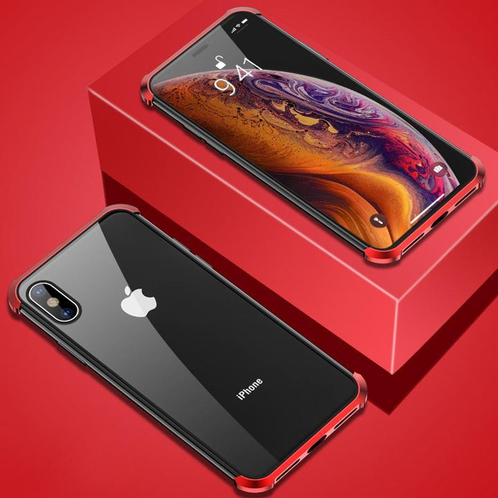 Luxury magnetic phone case in gold, offering full front and back tempered glass protection for iPhone