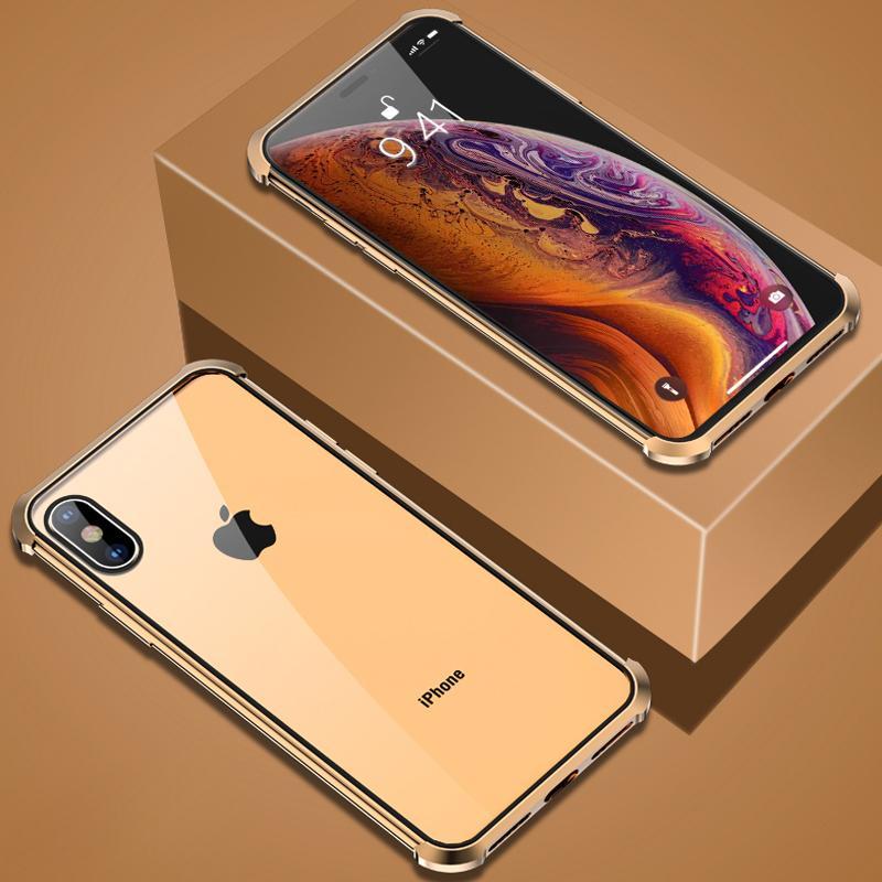 iPhone inside a magnetic tempered glass phone case, screen and back fully protected from impacts