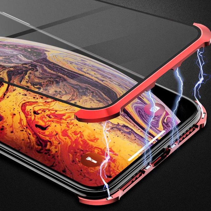 iPhone fitted with a shockproof magnetic tempered glass case, demonstrating full 360 protection
