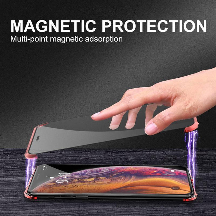 Magnetic phone case disassembled to show front and back tempered glass panels, easy installation