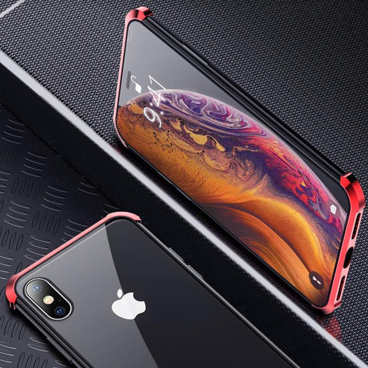 Stylish magnetic iPhone case with a clear tempered glass back, highlighting phone's original design