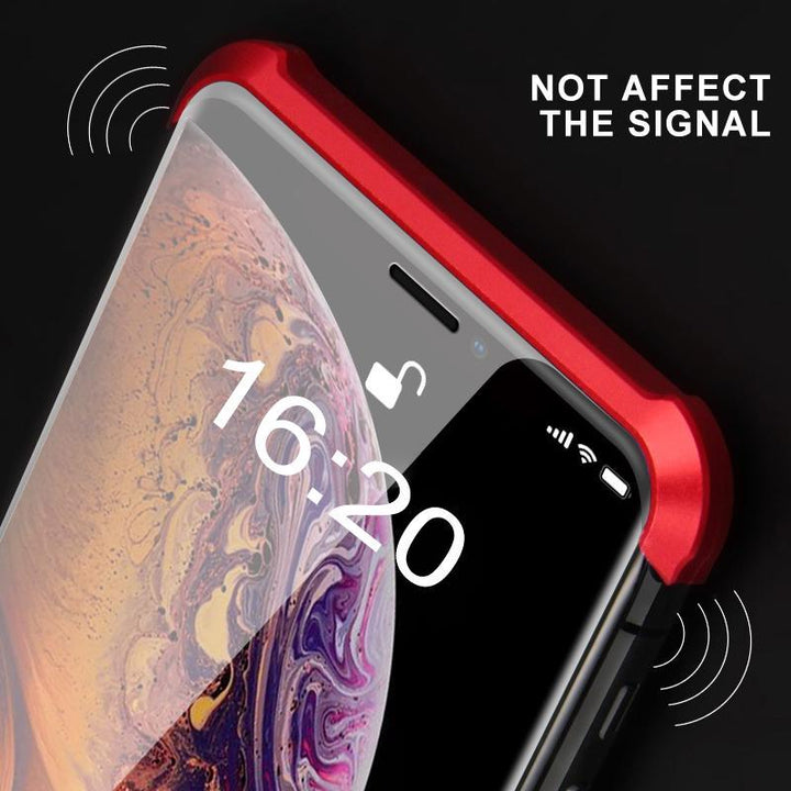 Hand holding an iPhone protected by a double-sided magnetic tempered glass phone case, secure grip