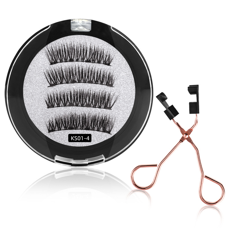 Beauty flat lay with 3D magnetic lashes, applicator, and other eye makeup cosmetics.