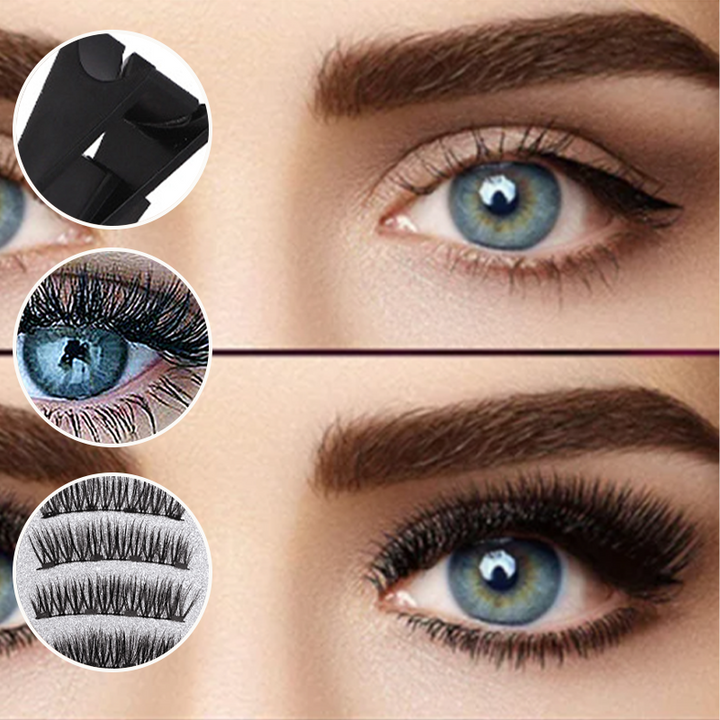 Set of 3D magnetic eyelashes in an open compact with a matching magnetic lash applicator tool.