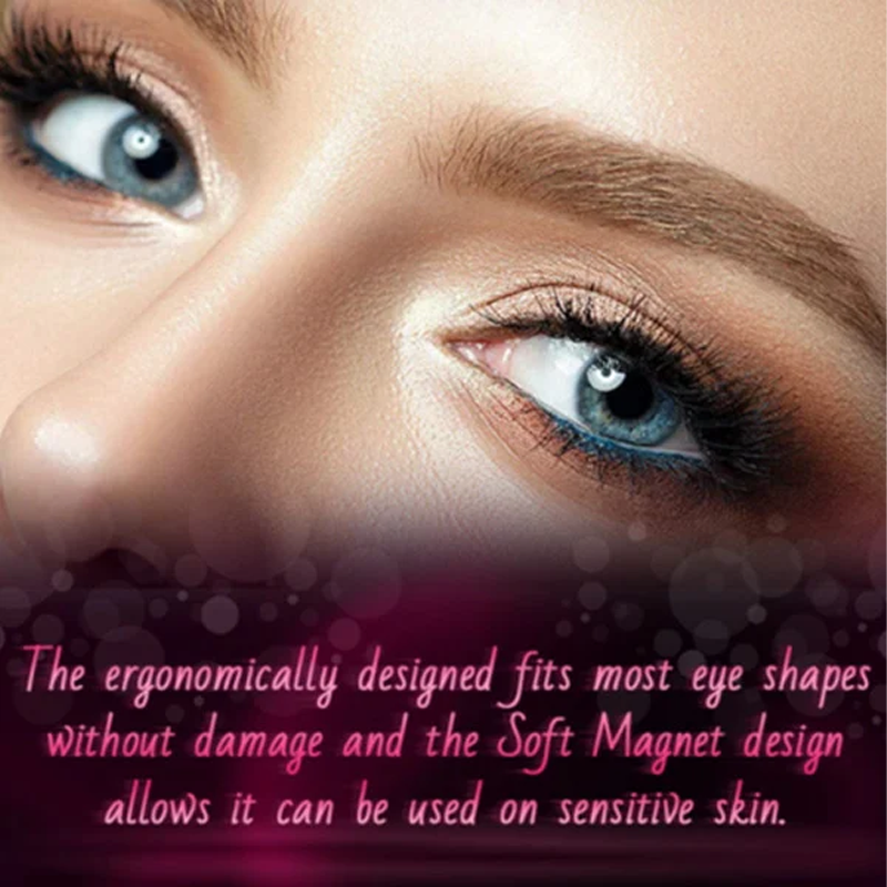 Woman smiling, showcasing her beautiful eyes with effortlessly applied 3D magnetic lashes.