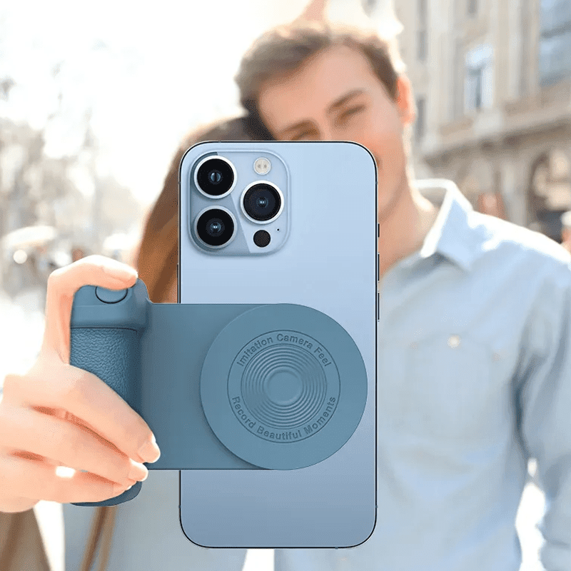 Magnetic phone camera grip with Bluetooth for smartphone photography; black finish