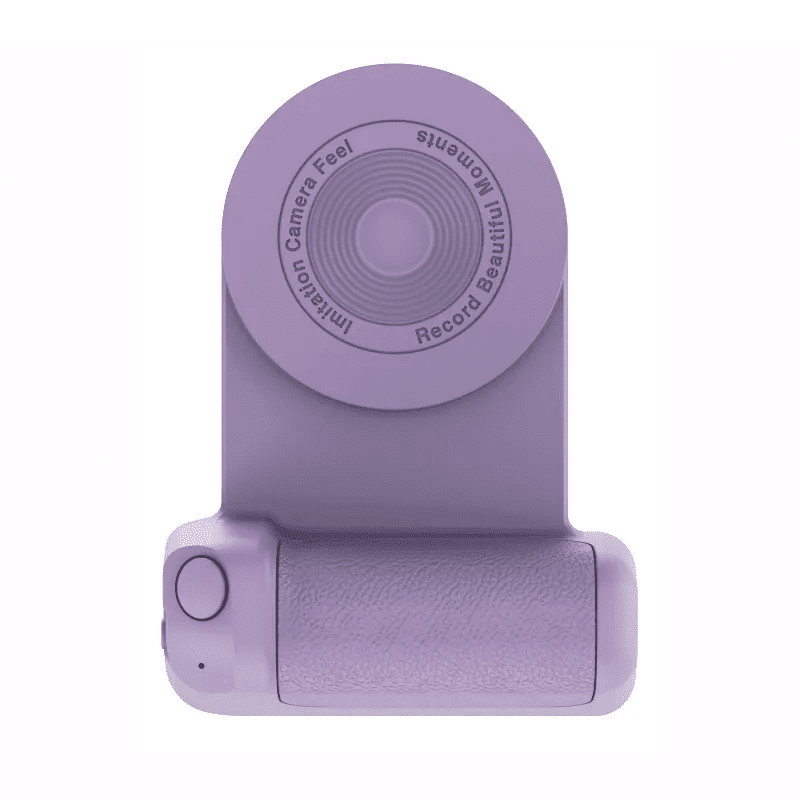 Detail shot of the magnetic camera grip for smartphones, highlighting the Bluetooth button