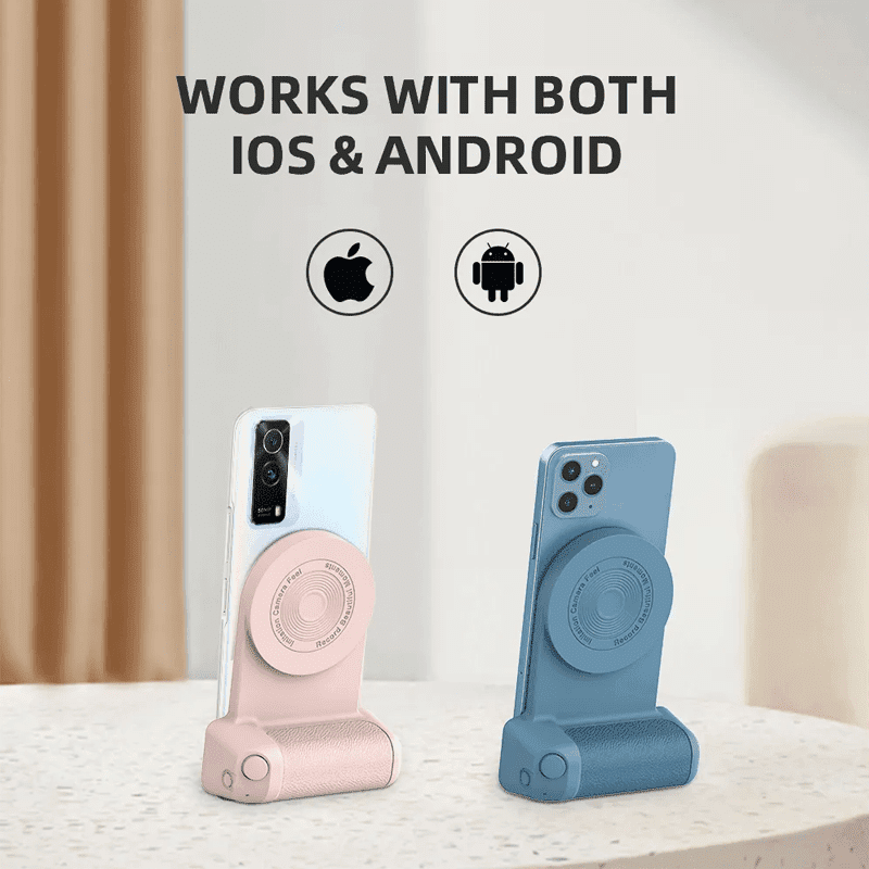 Universal magnetic phone grip with integrated Bluetooth shutter for mobile photography; ergonomic design