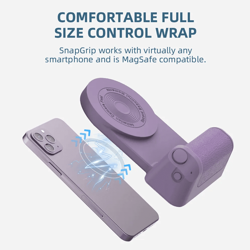Magnetic phone holder and camera grip with Bluetooth for enhanced mobile photography; front view