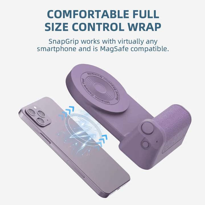 Magnetic phone holder and camera grip with Bluetooth for enhanced mobile photography; front view