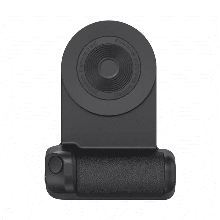Compact magnetic phone camera grip featuring a built-in Bluetooth remote for easy selfies
