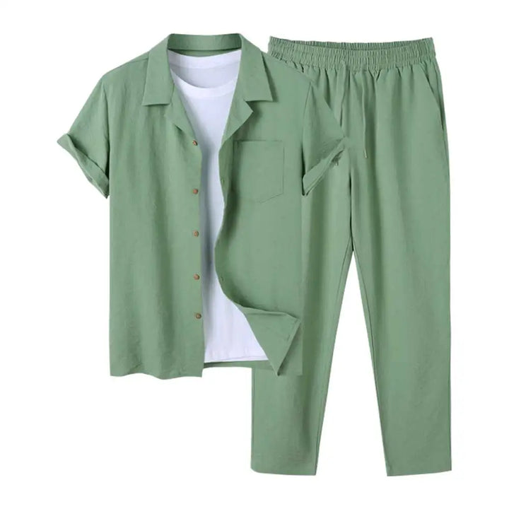 Close-up of lightweight fabric on men's casual short sleeve shirt & shorts set, perfect for summer comfort.