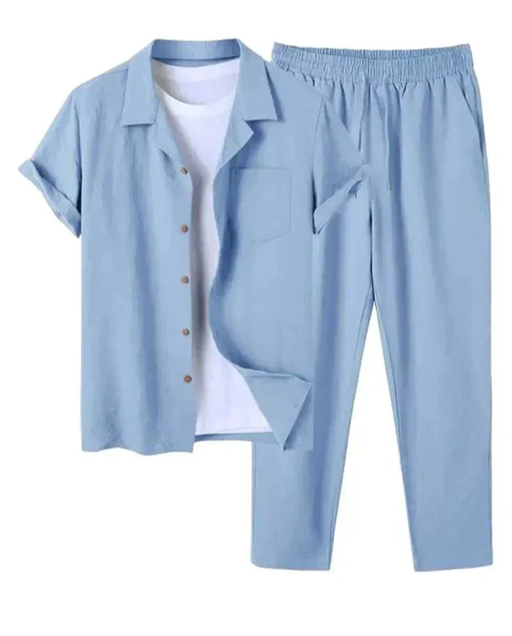 Back view of men's casual summer matching short sleeve shirt & shorts set, great for resort and vacation wear.