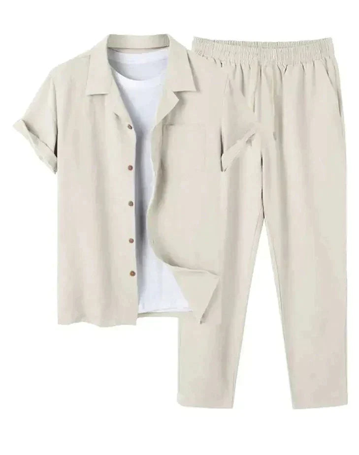 Men's casual summer short sleeve shirt and shorts set styled for a relaxed beach day or vacation outfit.