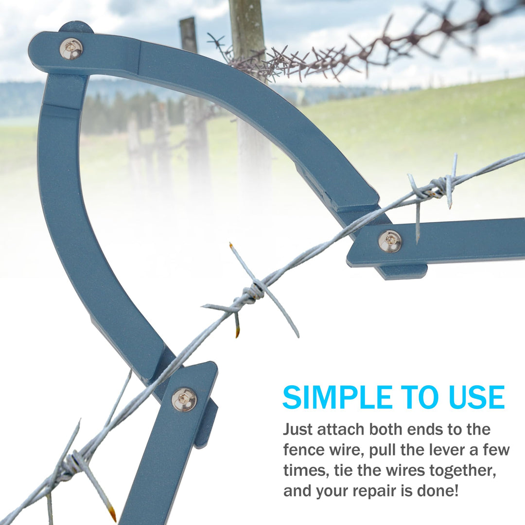 Manual fence wire retainer tool for farm and agricultural repairs, close-up of handle