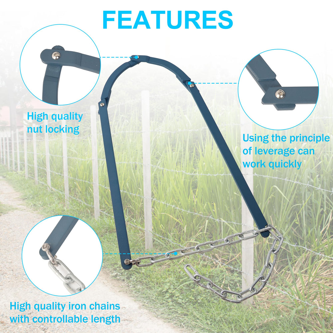 Gardening and livestock fence repair tool, manual wire retainer in action