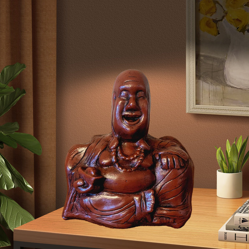 Full view of a humorous meditating Buddha, a charming and funny resin decoration piece