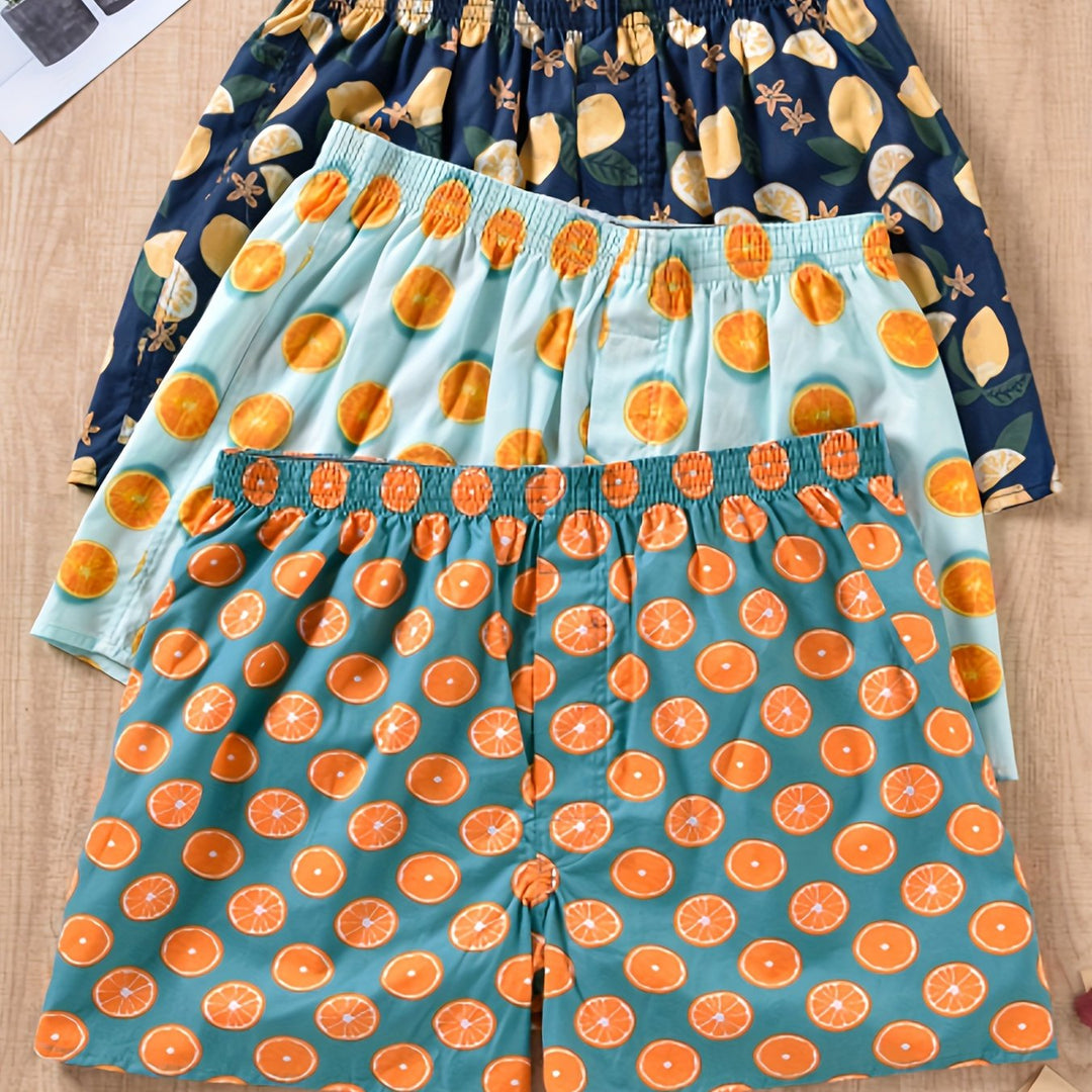 Men's essential cotton boxers, a 3-pack with nature-inspired plant print, ideal for daily use.