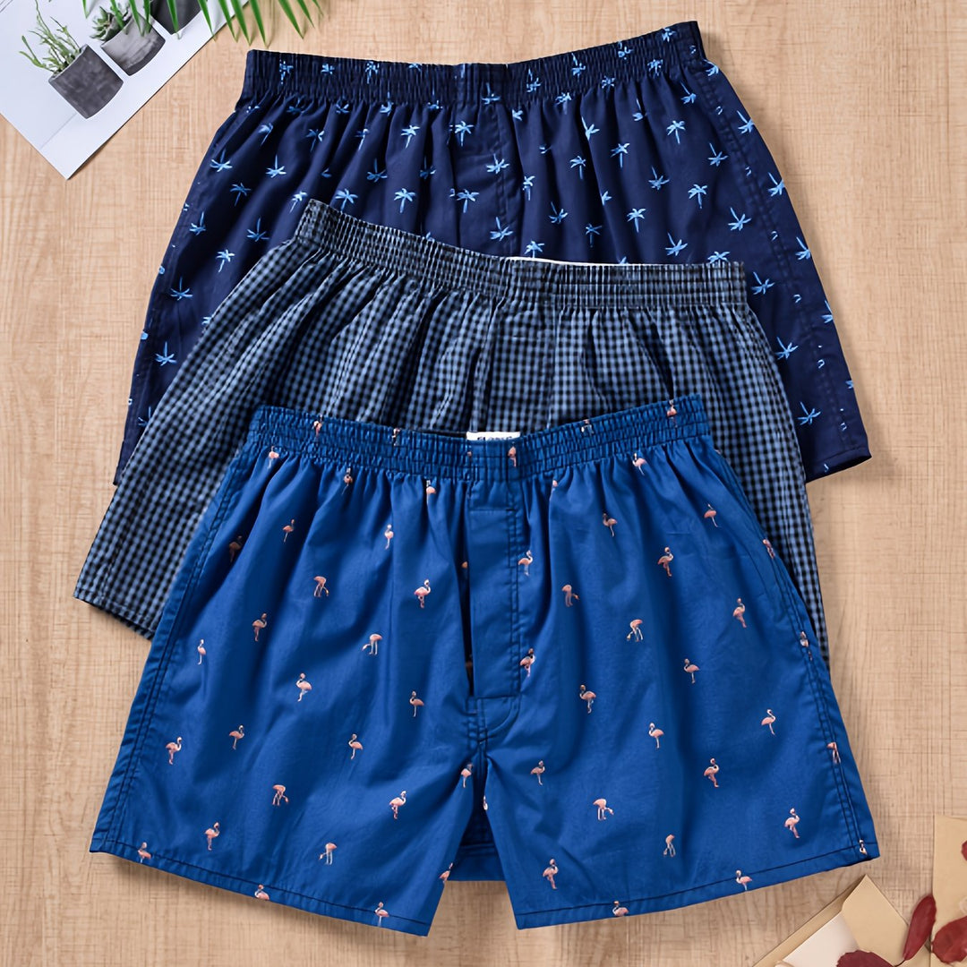 Soft cotton men's underwear in a 3-pack, showcasing a trendy plant print for ultimate comfort.