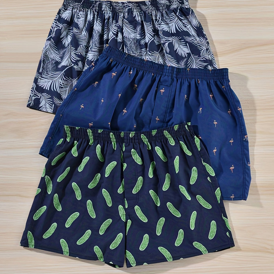 Everyday men's boxers: 3-pack high-quality cotton underwear with an appealing plant pattern.