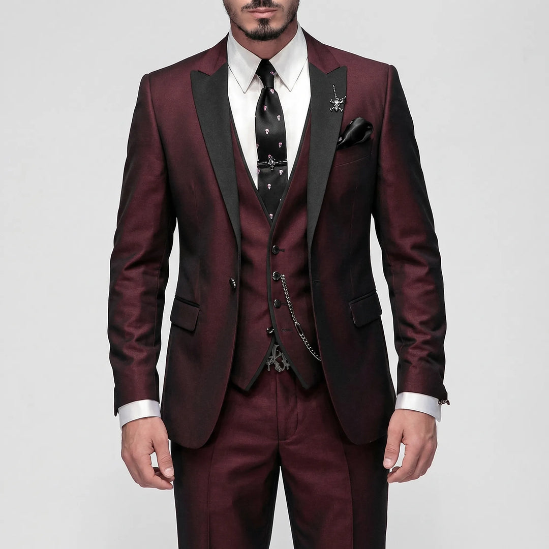 Stylish burgundy slim-fit 3-piece men's suit, ideal for formal occasions and a sharp, tailored look.