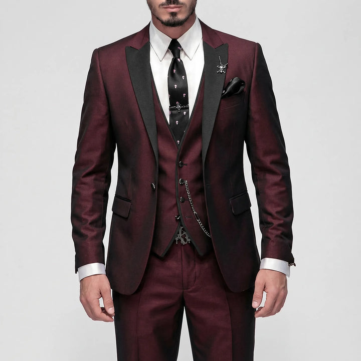 Stylish burgundy slim-fit 3-piece men's suit, ideal for formal occasions and a sharp, tailored look.