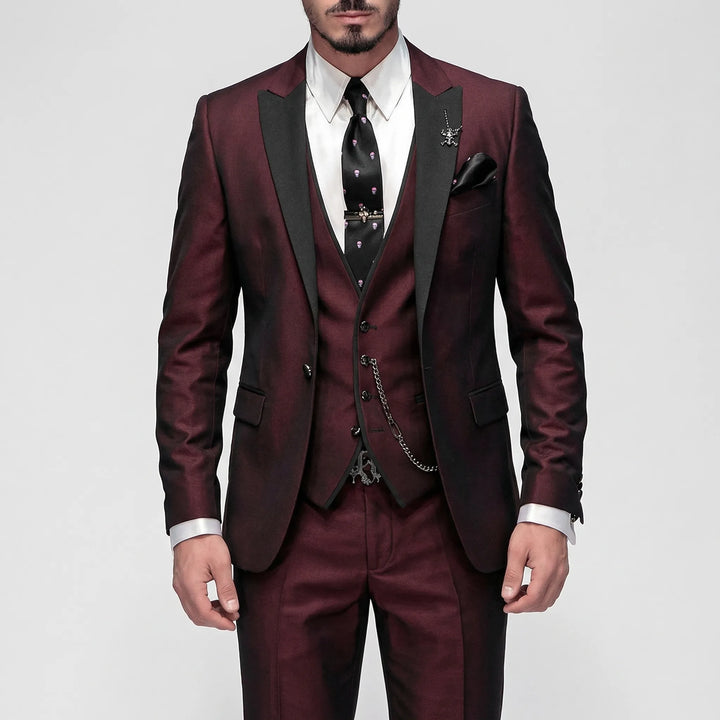 Professional men's burgundy 3-piece slim-fit business suit, a complete outfit for a sharp office look.