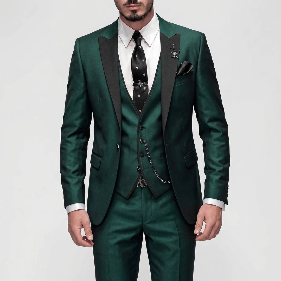 Sharp men's slim-fit 3-piece formal suit in burgundy, offering a stylish, complete tailored outfit.