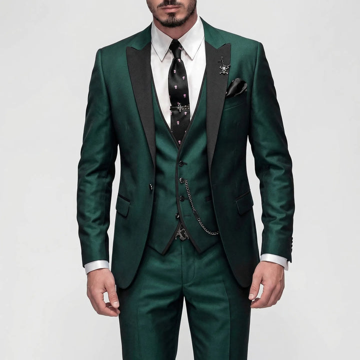 Sharp men's slim-fit 3-piece formal suit in burgundy, offering a stylish, complete tailored outfit.