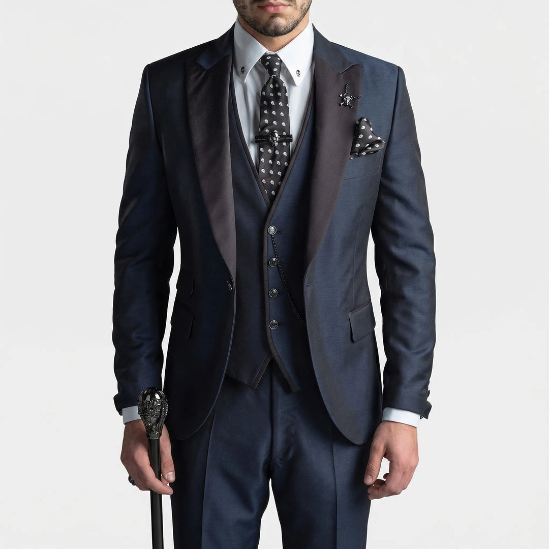 Men's tailored burgundy slim-fit 3-piece suit, featuring a jacket, waistcoat, and trousers for events.