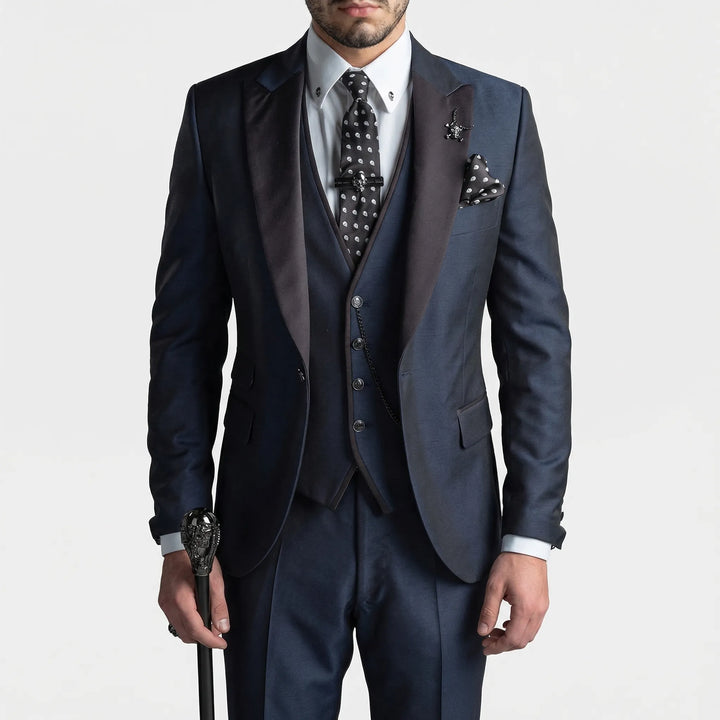 Men's tailored burgundy slim-fit 3-piece suit, featuring a jacket, waistcoat, and trousers for events.
