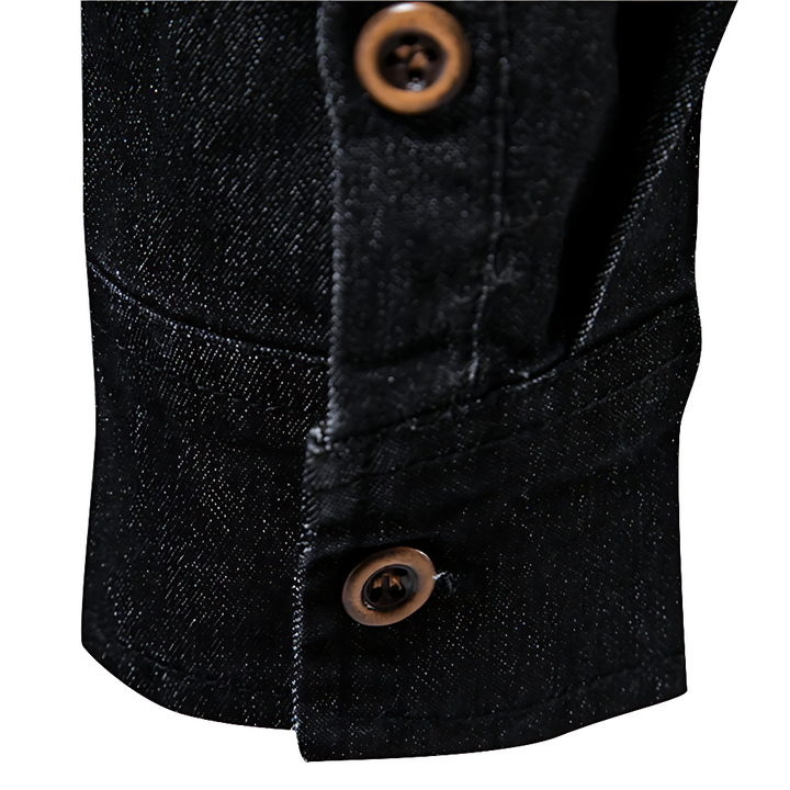 Full-body shot of a man wearing a dark Men's AdaptiveFit casual button-down shirt with jeans.