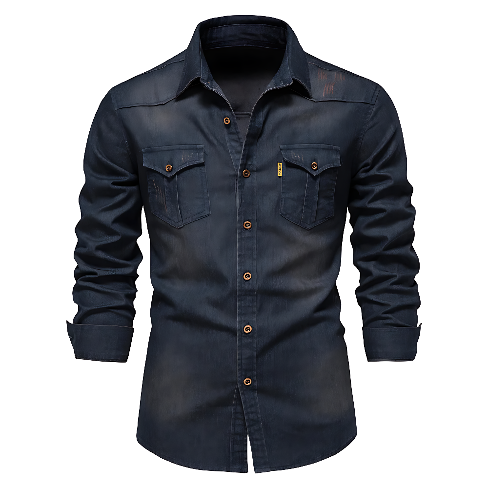 Detail of the collar and buttons on a classic Men's AdaptiveFit long sleeve casual shirt.