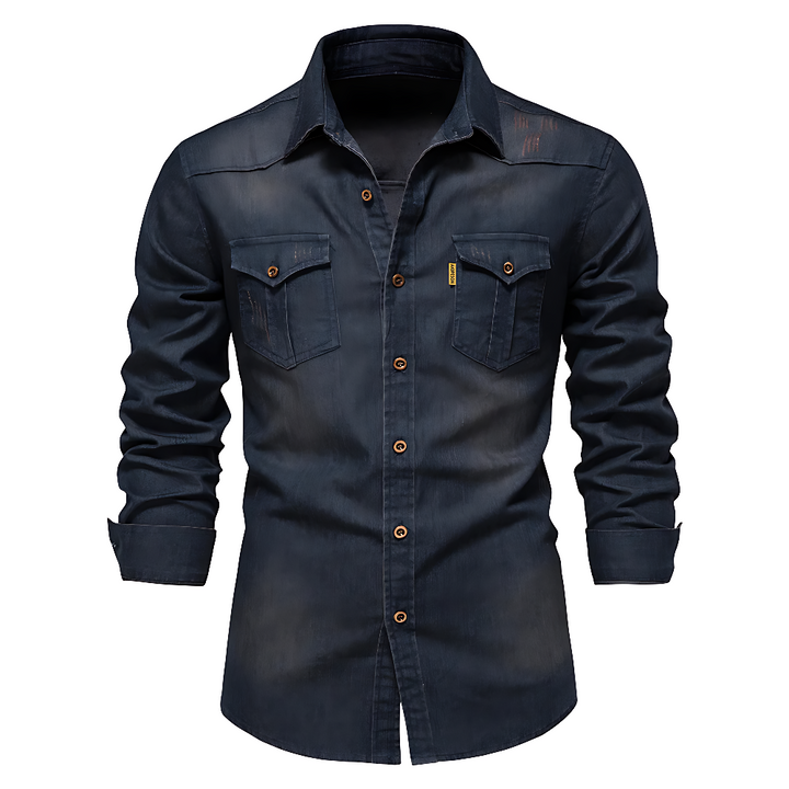 Detail of the collar and buttons on a classic Men's AdaptiveFit long sleeve casual shirt.
