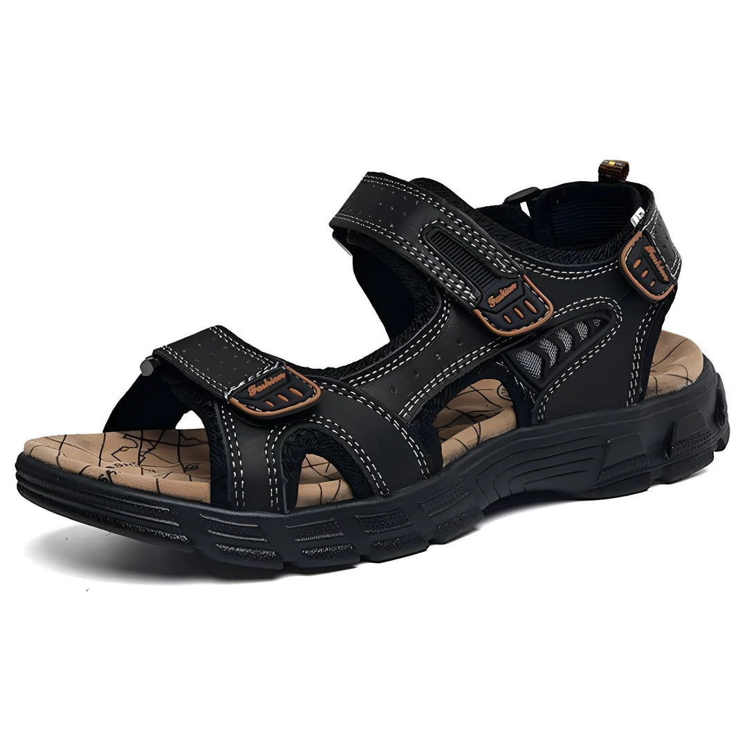Men's adjustable comfort sandals with hook and loop closure, featuring stylish contrast stitching for everyday wear.