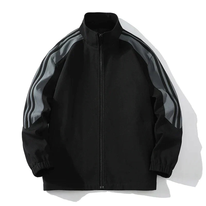 Black men's activewear jogger set, perfect for the gym or loungewear, with a stylish zipper jacket