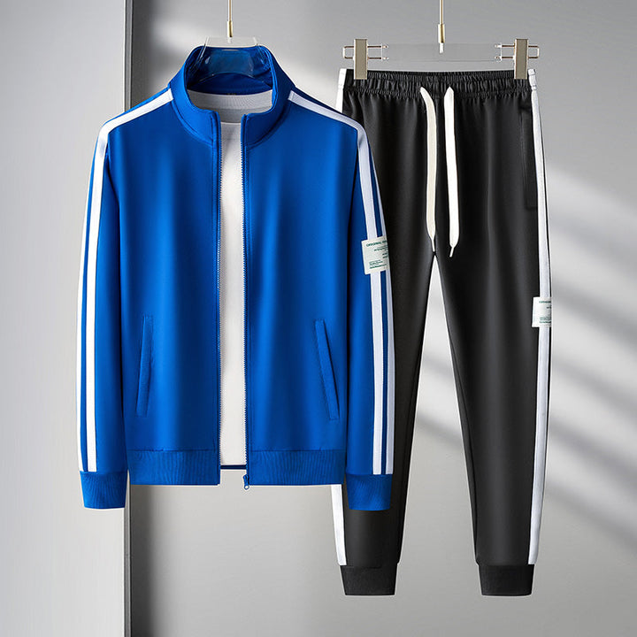 Stylish men's black athletic tracksuit with white stripe, ideal for jogging or loungewear comfort